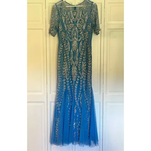 Adrianna Papell blue embellished beaded overlay mermaid occasion dress 12